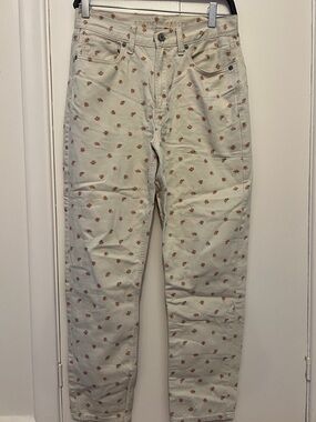American Eagle Floral High-Rise Jeans in Cream with Rust Flowers